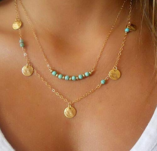 Szcc European and American multi-layer round piece and Turquoise Pendant Necklace Fashion Trend temperament versatile clavicle chain(Gold gcp03-01)