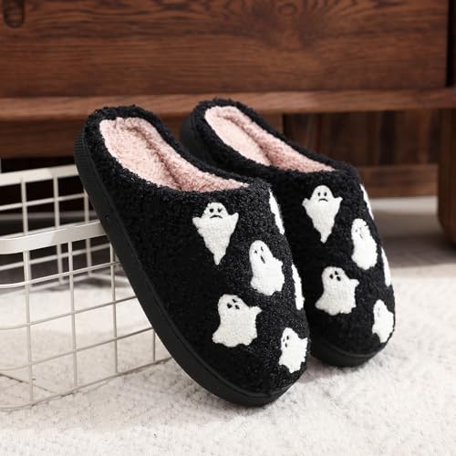 Halloween Slippers for Women, Ghost Slipper Bats Pumpkin Cookie Spider Web Fall and Winter Black Spooky House Shoes for Adult Men Indoor Outdoor, Cozy3