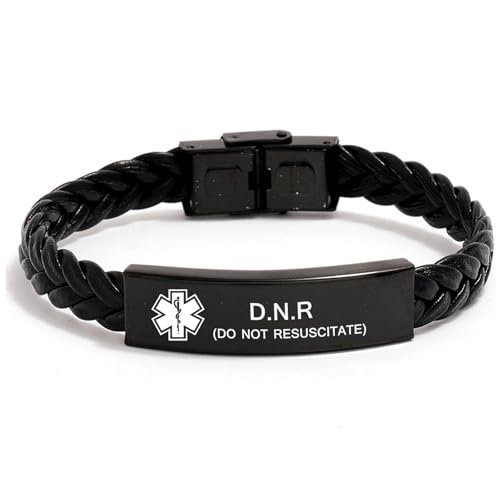 KAIMINGXUAN Medical Symbol Awareness Braided Leather ID Bracelet For Women Men SOS Emergency Health Life Alert Engraved Stainless Steel Jewelry (D.N.R (DO NOT RESUSCITATE))