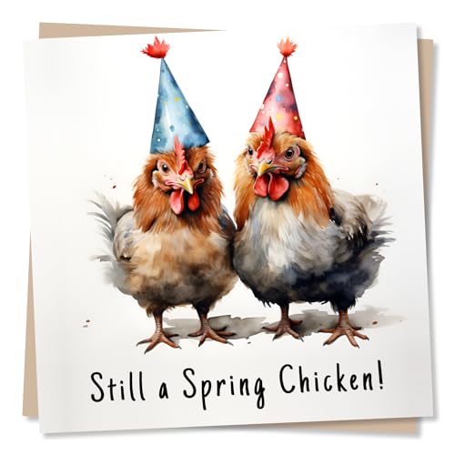 Funny Birthday Greeting Card – Still a Spring Chicken – Party Hat Rooster Design – Blank Inside (135 x 135 mm) – Made in UK – With Envelope