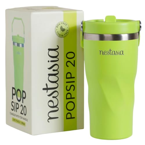 Image of Nestasia PopSip20 Stainless Steel Kids Tumbler (590 ml) - Insulated Sipper with Built-in Straw, Top Handle & Leakproof Lid | Water Bottle with Embossed Design for Adults, Travel & Gym (Lime Punch)