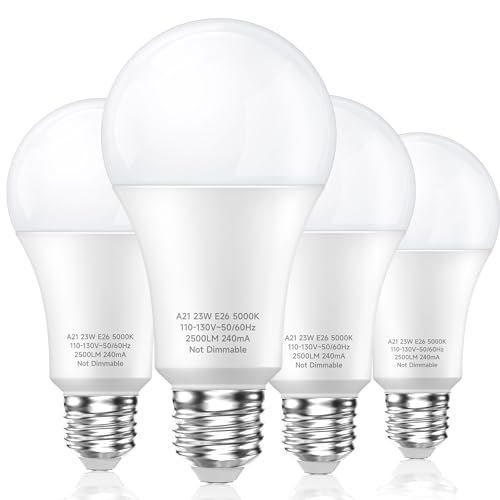 150 Watt LED Bulbs, Energy Saving 23W Daylight Light Bulbs 5000K, 2500 Lumens Bright 150W-200W Equivalent, E26 Base, A21 LED Light Bulbs for Bedroom Living Room Home Office, Non-Dimmable, 4 Packs 150 Watt LED Bulbs, Energy Saving 23W Daylight Light Bulbs 5000K, 2500 Lumens Bright 150W-200W Equivalent, E26 Base, A21 LED Light Bulbs for Bedroom Living Room Home Office, Non-Dimmable, 4 Packs