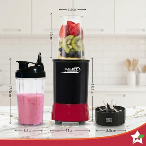 Image of Bullett by Wonderchef, 500W Mixer Grinder Blender Smoothie Maker, 22000 RPM, 2 Jars, Stainless-Steel Blade, Sipper Jar & Lid, 2-Yr Warranty, Black & Red