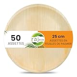 Raj Assiettes en Feuille de Palmier [Lot de 50] Assiettes Rondes Jetables 25 cm   Vaisselle Solide, Décorative et Compostable pour Mariages et Déjeuners