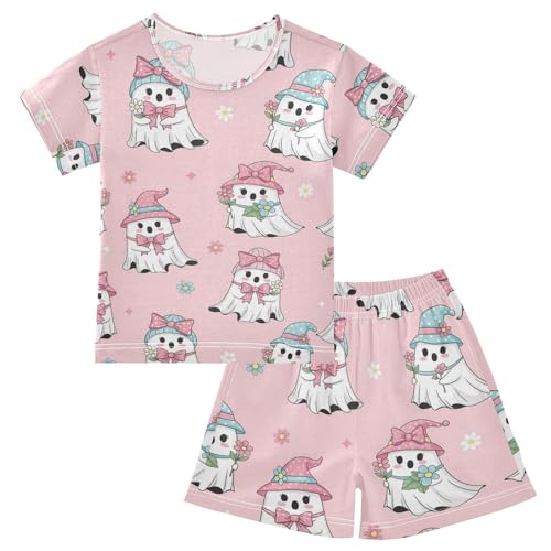 Pajama Short Sets Cute Ghosts with Flowers Soft Cotton Summer Sleepwear 2 Piece PJS Size 5-14T