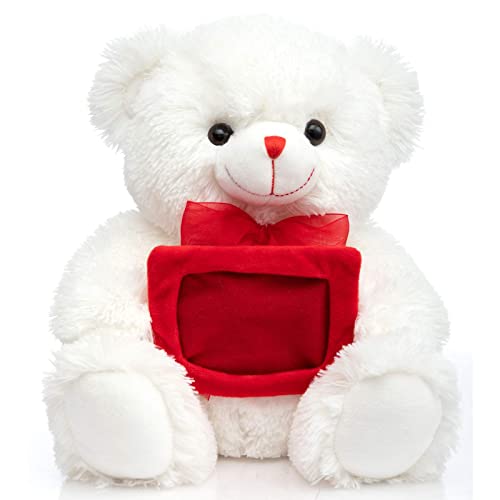 Hollyhome Teddy Bear Stuffed Animal Plush Bear With Red Bow Holding A Picture Frame Soft Plush Toy Christmas Valentine's Day Gift 12 Inches White #TOP4