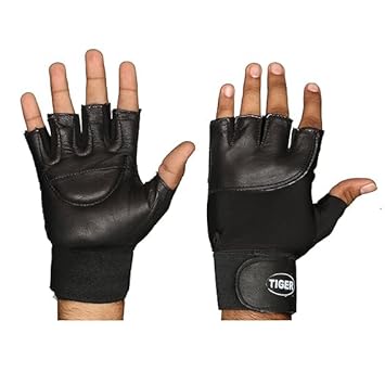 Tiger Fitness Workout Gloves for Men, Half-Finger Design, Black Leather (Black Tiger)