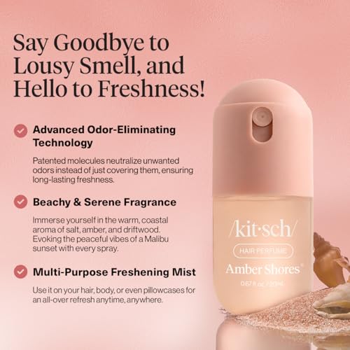 Image of Kitsch Hair Perfume for Women - Hair Spray & Body Mist - Amber Shores, 20mL | Clean, Deodorizing & Patented Odor-Eliminating Technology - Freshen Hair, Body & Pillows - Made in USA