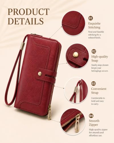 Image of Womens Wallet Rfid Blocking Bifold Leather Wristlet Cute Long Clutch Red | Large Capacity Card Holder Wallet Purse with Zipper,ID Window,Strap for Female Ladies Teen Girls