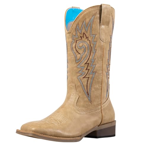 Image of SheSole Cowboy Boots for Women Wide Calf Square Toe Western Boots in Beige and Brown Embroidery Cowgirl Riding Boots