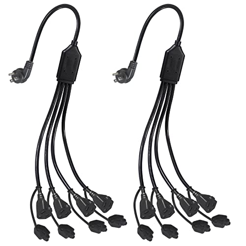 KUNCAN 4 Way Power Splitter - 45 Degrees Lower Right Corner Downward Angled US Flat Plug 1 to 4 Extended Outlets Male to Female SVT 16AWG Extension Cable Strip for Home, Office, School (Black 2-Pack)