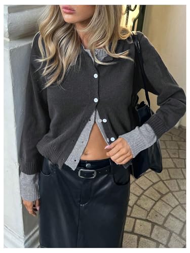 Image of MakeMeChic Women's Long Sleeve 2 in 1 Cardigan Sweater Round Neck Button Down Knitted Outerwear Grey Small