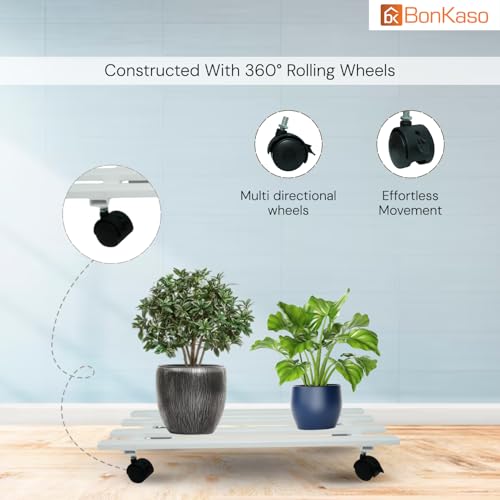 Image of BonKaso Rectangular Metal Plant Stand (Set of 4) with Wheels for Indoor & Outdoor Use (60x 22.9 x7.6 Cm) | Heavy Duty Flower Pot Holder | Holds Up to 100kg | Corner Plant Rack for Heavy Plants - White