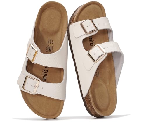 Image of Project Cloud 100% Genuine Leather Flat Sandals For Women 2026 Cork Footbed Womens Sandals with Memory Foam and arch support Vacation Essentials Slides for Women Footwear (Venita)