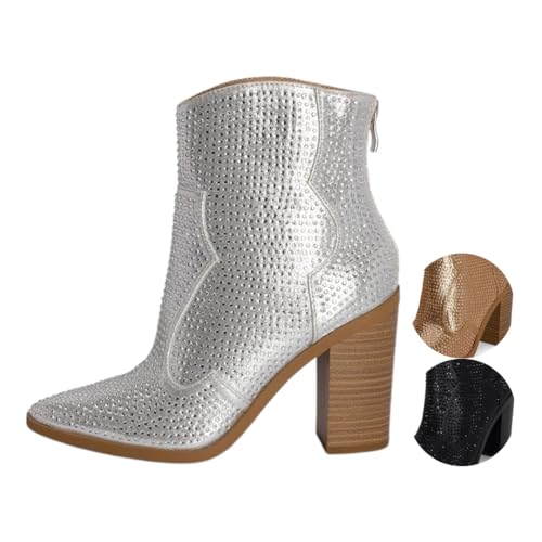 Chariot & Co Wyatt Sparkly Cowgirl Boots for Women – Silver, Gold, Black Western Ankle Booties with Rhinestones – Bedazzled Cowboy Boots 3.25” Heel