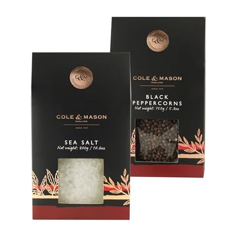 Cole & Mason Gourmet Spice Refill Box - Pairs Well with Chicken, Beef, Pork & More - Salt & Peppercorn Refill for Salt & Pepper Mill Grinder - Sea Salt & Black Pepper 15.9 Oz Box Set Cover
