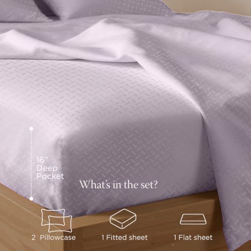 Image of Threadmill Cotton Full Size Sheet Set | 100% Cotton Sheets for Full Size Bed | Damask Jacquard Full Bed Sheets Set with 16 inch Deep Pocket | Soft Sateen Weave 4-Piece Cooling Bedding Set | Lilac