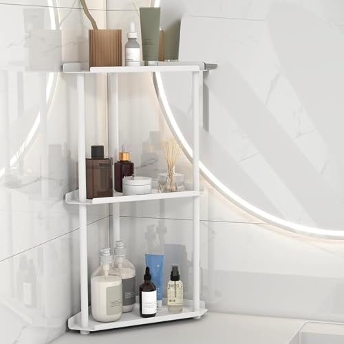 Image of FLE Corner Bathroom Counter Organizer, Bathroom Organizer Countertop White | 3 Tier Corner Shelf, Tabletop Mount,Waterproof solid shelf fits bathroom toiletries and kitchen condiment storage.