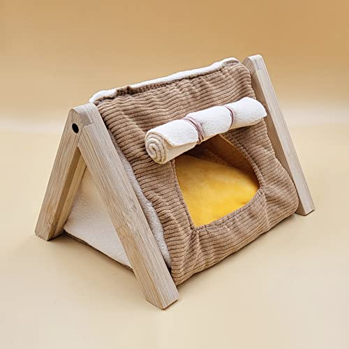 Small-Animal-Wood-Teepee-Tent-with-Curtain-Cushion-Cave-Bed-Warm-House-Habitat-Hideout-Tunnel-for-Hamster-Sugar-Glider-Hedgehog-Gerbil-Rat-Bearded-Dragon-Bird-Small-Animals-Cage-Supplies-M-Brown