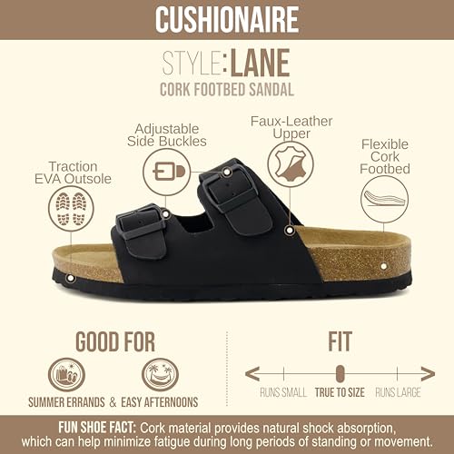 Image of CUSHIONAIRE Lane Cork Footbed Womens Sandals Comfortable Double Buckle Slip On Sandals for Women with Arch Support and Classic Two Strap Design