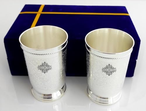 Indian Art Villa Silver Plated Designer Glass Set of 2 with Blue Box, Embossed Design, Serveware and Drinkware, Best for birthday, anniversary and festivals, Volume- 9 Oz