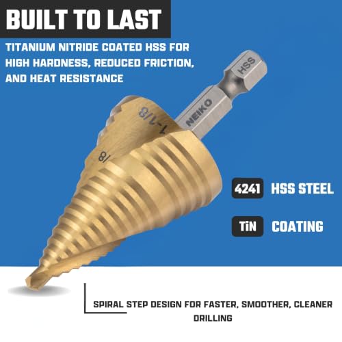 Image of NEIKO 10629A Step Drill Bit, 2 Steps 7 /8 inch to 1-1 /8 inch Spiral High Speed Steel, Titanium Nitride Coated, 1 /4 inch Quick Change Step Bits for Steel, Metal, Wood, Plastic, Unibit Cone Drill Bits, Two Flute