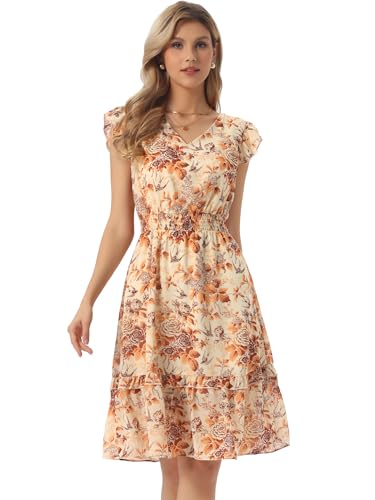 Image of Allegra K Women's Floral Dress Spring Summer V Neck Flutter Sleeve Ruffle Casual Smocked Knee Length Dresses