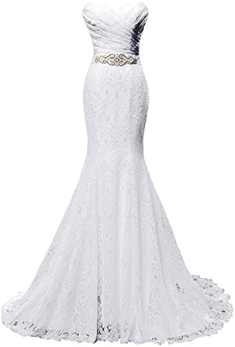 SOLOVEDRESS Women's Beaded Pleat Lace Wedding Dress Mermaid Bridal Gown With Sash 22 Plus White