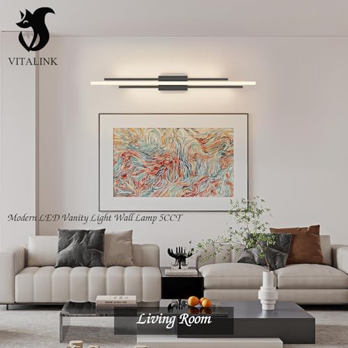 Image of Modern LED Vanity Light 48 Inches Long Black LED Wall Light Over Vanity Mirror Hardwired Wall Mount Lighting Fixture 5CCT(3000K /3800K /4500K /5200K /6000K) Dimmable Bathroom Wall Mount Lighting