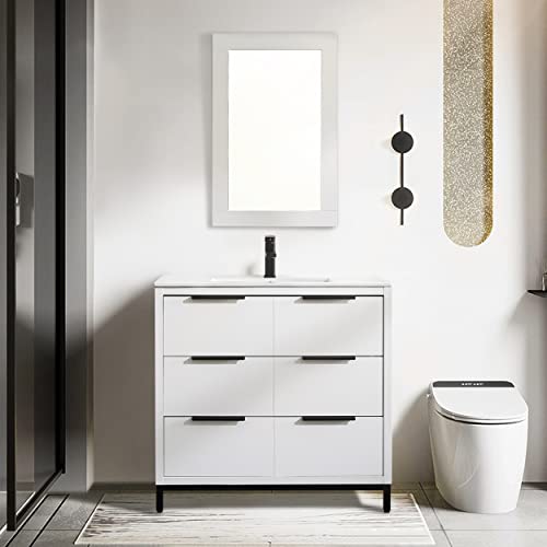 eclife 36'' Modern Bathroom Vanities Cabinet with Sink Combo Set, Undermount Ceramic Sink W/Elevated Metal Legs, 3 Extra Space Drawers, High-Definition Mirror, White eclife 36'' Modern Bathroom Vanities Cabinet with Sink Combo Set, Undermount Ceramic Sink W/Elevated Metal Legs, 3 Extra Space Drawers, High-Definition Mirror, White