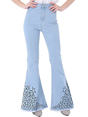 Anna-Kaci Women's Retro Flared Jeans High Waist Star Printed Long Denim Bell Bottom Jeans, Light Denim, Large