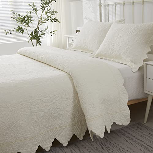 Brandream Cream White Quilts Set Queen Size Bedspreads Farmhouse Comforter Set Matelasse Scalloped Quilt Bedding Set #TOP5