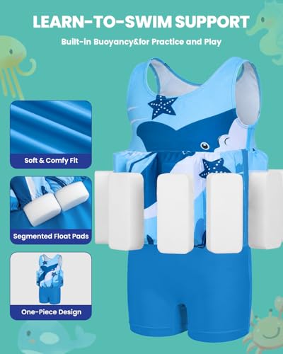 Image of DivingBirds Toddler Floatie Swimsuit with Hat for Boys Girls, Sleeveless Swim Suit with Floatation, 1-6Y