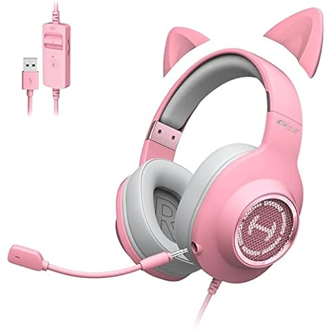 Edifier G2 II Cat Ear PC Gaming Headset Pink USB Headphones with Mic, RGB Lighting for PS4, PS5 with THX 7.1 Surround Sound, 50mm Drivers Cover