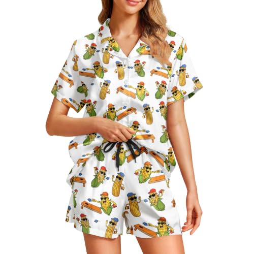 Image of Funny Satin Pajamas Set for Women Button Down Sleepwear Print Pjs Set 2 Piece Short Sleeve Loungewear Gift for Women