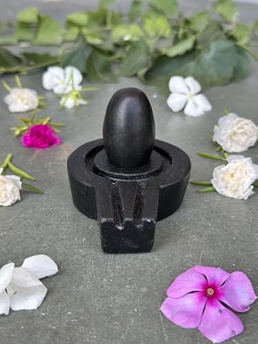 Image of Shivam VASTU AKAL 1.5 inch Original Narmadeshwar Narmada Shivling with 3 inch Narmada Stone Yoni Base Jaladhari (Black Shivling, Black Flate Jaladhari)