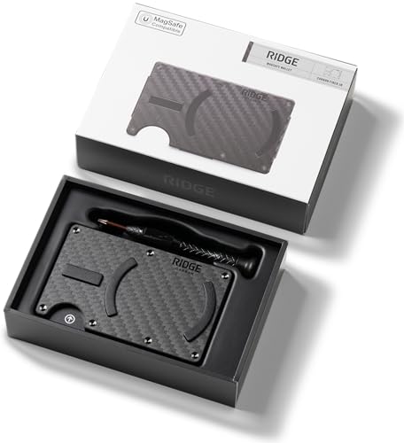 Image of Ridge Wallets for Men Compatible with Magsafe - Slim Minimalist Compact Wallet and Card Holder, RFID Protected Front Pocket Wallets for Men with Integrated Cash Strap (Carbon Fiber 3K)