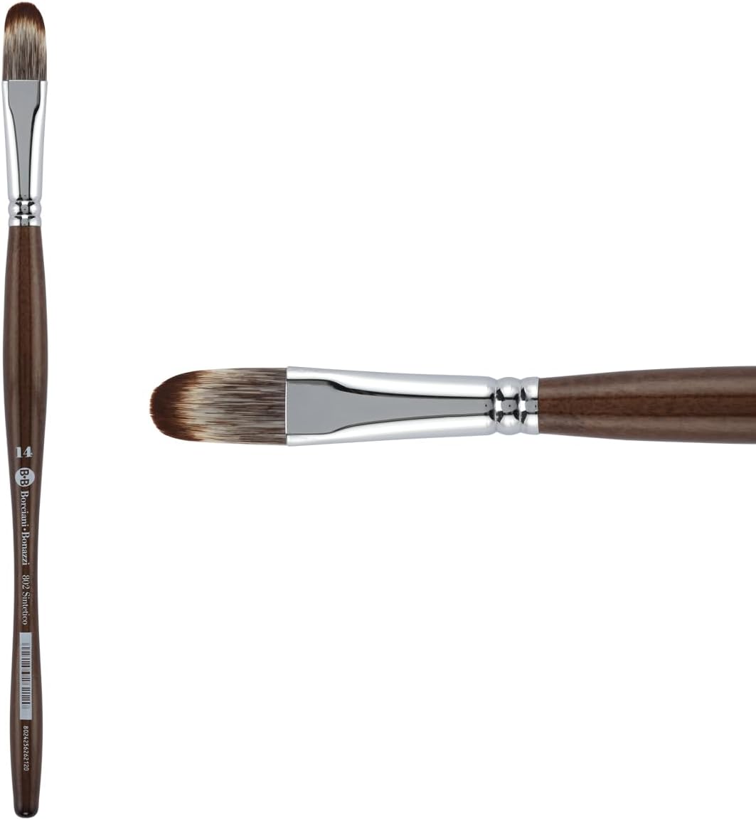 Borciani e Bonazzi Unico Synthetic Mongoose Artist Paint Brush - Series 802 Filbert - Size #14 - Watercolors, Oil & Acrylic Paint - Handcrafted in Italy, Anti-Roll Design, Ergonomic Medium Handle