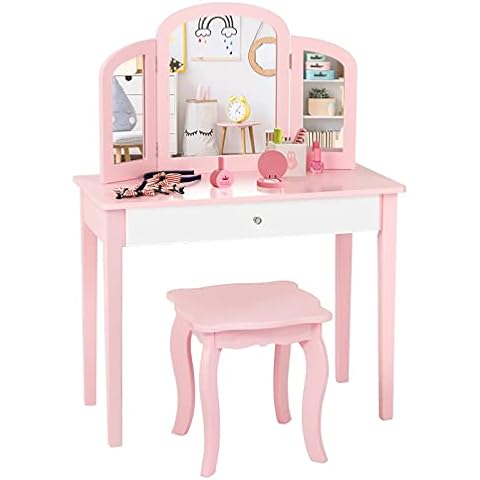DREAMADE Kinder Schminktisch mit Hocker und abnehmbarem Spiegel, Kinderschminktisch aus Holz, Frisierkommode, Kosmetiktisch, Prinzessin Frisiertisch mit Schublade für Kinder Mädchen (Rosa) Cover