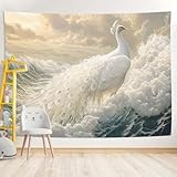 GLWDMH 230x180CM Tapiz de pavo real blanco y olas, de poliéster para colgar en la pared, ideal para dormitorio, oficina, fiesta, con paquete de instalación.