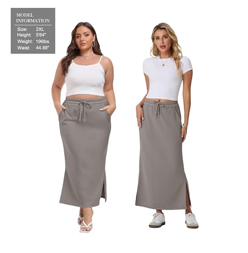 Image of Lepunuo Women's High Waisted Sweat Maxi Skirt with Pockets Slit | Ultra Soft Sweat Fabric, High Waist Drawstring, Deep Phone Pockets, Side Slit for Movement, Ideal for Lounge Travel