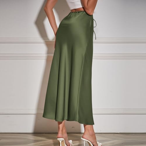 Women's Satin Maxi Skirt High Waist A Line Elegant Flowy Mermaid Hem Drawstring Wedding Party Club Fall Long Skirts4
