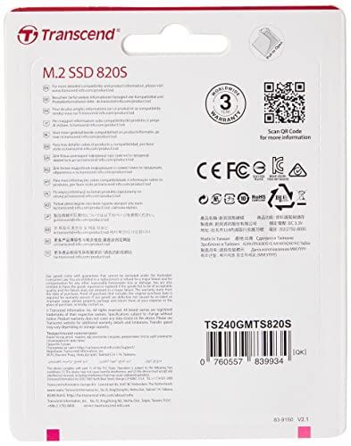 Image of Transcend 240GB M.2 Internal (SSD) Solid State Drive | M.2 2280 | SATA III 6Gb /s | 3D NAND Flash | Read /Write - up to 500 /430 MB /s | 80 TBW | 3 Yrs. Warranty | TS240GMTS820S