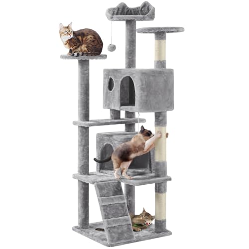 Yaheetech Albero Tiragraffi per Gatti 158 cm con 3 Pali Graffiatoi 3 Posatoi 2 Grotta 2 Pompon in Peluche a Più Livelli Giocattolo Gioco Grigio Chiaro