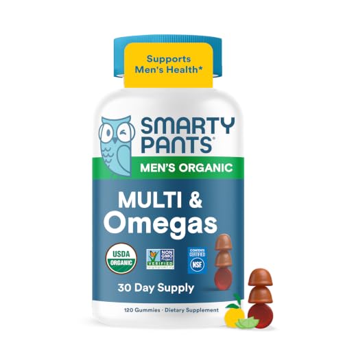 SmartyPants Multivitamin for Men Organic Gummies: Methylfolate Omega 3 (ALA) Vitamin D3 C Vitamin B12 B6 A K & Zinc for Immune Support Biotin Vegetarian 120 Gummies (30 Day Supply)