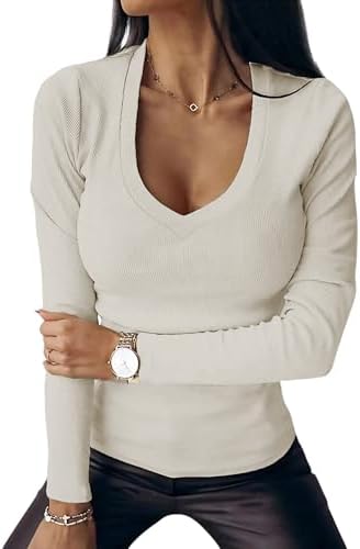 Chicrise Langarmshirt Damen V Ausschnitt Pullover Langarm Basic Eng Ribbed | V-Ausschnitt,Ribbed,Elegant,Langarm,Basic,Oberteile,Slim Fit,Einfarbig,longsleeve,Strick,Herbst,Winter,