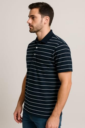 Image of WILD ELEPHANT Men Striped Polo T-Shirt | Cotton Short Sleeve Polo Neck with Button | Chest Pocket Casual Wear