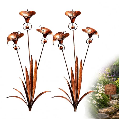 XLJSLDZ Flamed Copper Three Calla Lilies Garden Stake with Bells 24 Inch Metal Flower Yard Art Decor Handmade Rain Catcher Sculpture Rustic Wind Chime Ornament for Patio Lawn Backyard Gift Idea