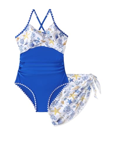 Image of Girls Swimsuit One-Piece Bathing Suit with Cover Up Skirt 7-16Y