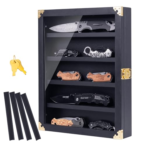 DigNew Wall Mounted Wooden Knife Display Case, Four Replaceable Single Grooves, Detachable Compartment, Knife Display Stand, Pocket Knife Display Case, Equipped with Acrylic Case Door, Metal Lock